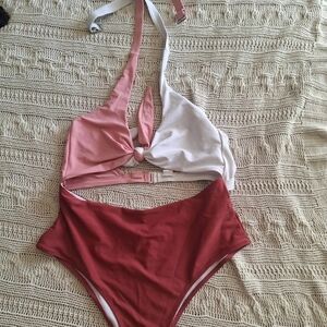 SHEIN Pink and White One Piece Swimsuit Size XL